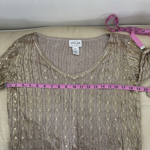 Oscar De La Renta Tan Cable Knit Sweater Pullover Metallic Gold M - Picture 4 of 7